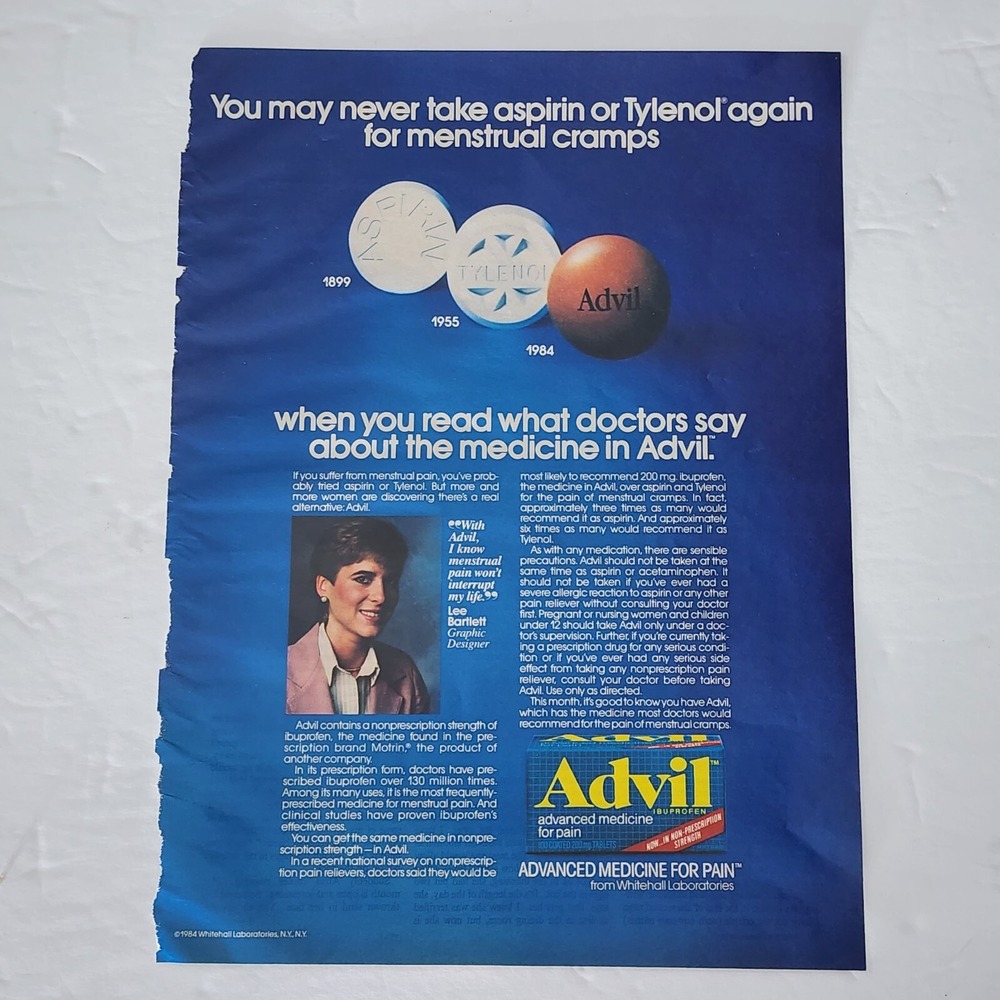 Vintage 1985 Advil Print Ad Lee Bartlett Menstrual Cramps Pain Reliever Clipping
